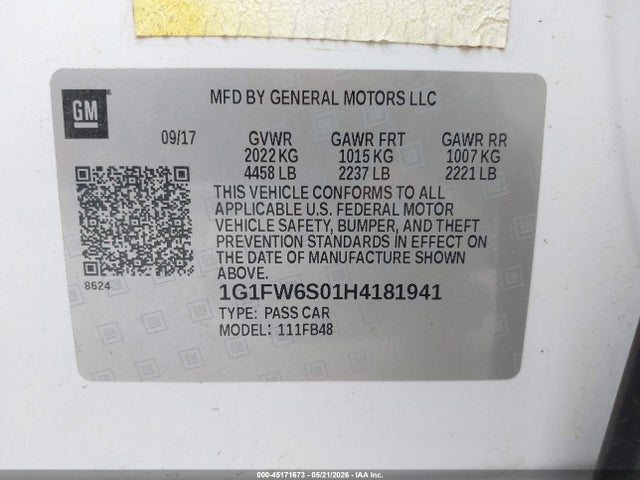 Aukcja sprzedaży 2017 Chevrolet Bolt Ev Lt, vin: 1G1FW6S01H4181941, numer aukcji: 45171673