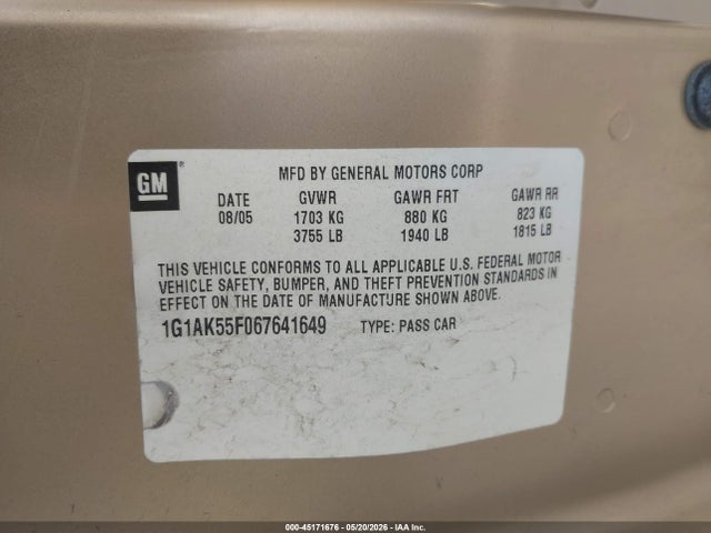 2006 Chevrolet Cobalt Ls მანქანა იყიდება აუქციონზე, vin: 1G1AK55F067641649, აუქციონის ნომერი: 45171676
