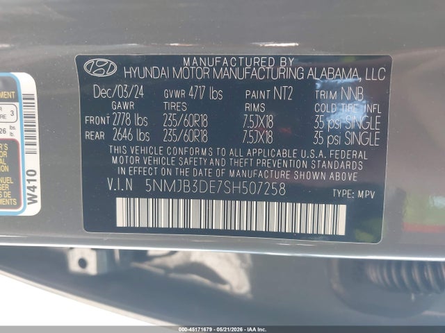Aukcja sprzedaży 2025 Hyundai Tucson Sel, vin: 5NMJB3DE7SH507258, numer aukcji: 45171679
