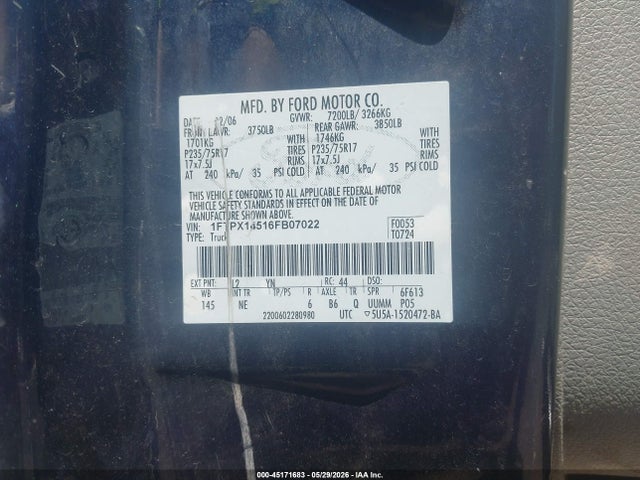 Aukcja sprzedaży 2006 Ford F-150 Fx4/lariat/xl/xlt, vin: 1FTPX14516FB07022, numer aukcji: 45171683