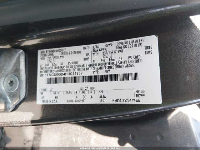 2017 Ford Escape Se მანქანა იყიდება აუქციონზე, vin: 1FMCU0GD4HUC31932, აუქციონის ნომერი: 45171688