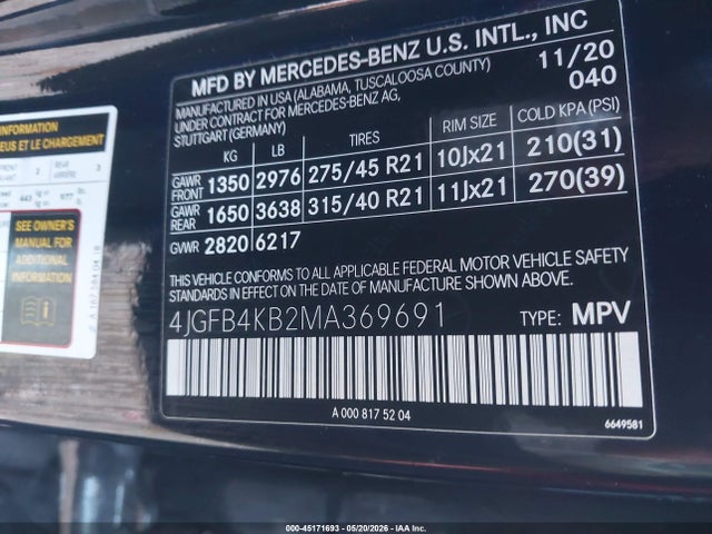 45171693 :رقم المزاد ، 4JGFB4KB2MA369691 vin ، 2021 Mercedes-benz Gle 350 4matic مزاد بيع