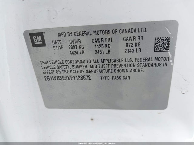 Продаж на аукціоні авто 2015 Chevrolet Impala Limited Lt, vin: 2G1WB5E3XF1138672, номер лоту: 45171695