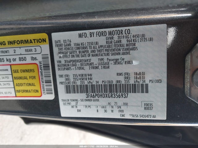 2016 Ford Fusion Se მანქანა იყიდება აუქციონზე, vin: 3FA6P0HDXGR356937, აუქციონის ნომერი: 45171702