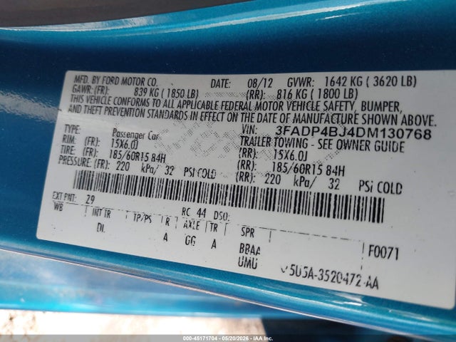 2013 Ford Fiesta Se მანქანა იყიდება აუქციონზე, vin: 3FADP4BJ4DM130768, აუქციონის ნომერი: 45171704