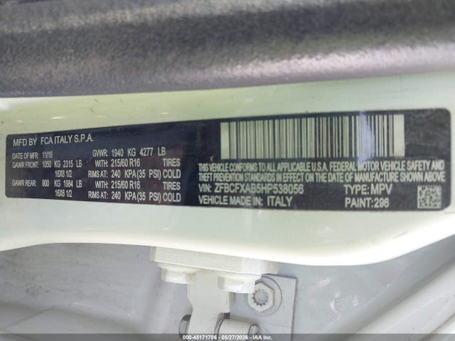 2017 Fiat 500x Pop Fwd მანქანა იყიდება აუქციონზე, vin: ZFBCFXAB5HP538056, აუქციონის ნომერი: 45171706