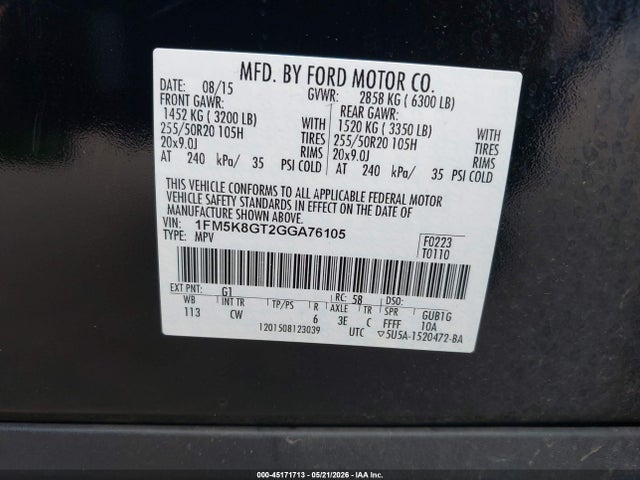 1FM5K8GT2GGA76105 Ford EXPLORER SPORT