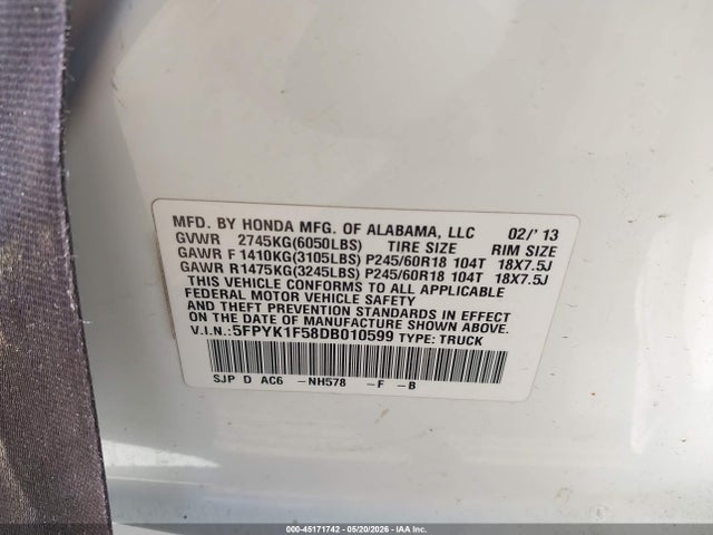 Aukcja sprzedaży 2013 Honda Ridgeline Rtl, vin: 5FPYK1F58DB010599, numer aukcji: 45171742