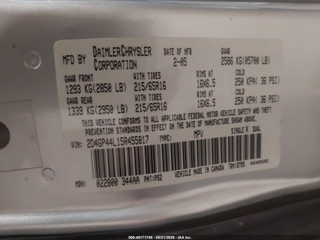 45171748 :رقم المزاد ، 2D4GP44L15R455817 vin ، 2005 Dodge Grand Caravan Sxt مزاد بيع