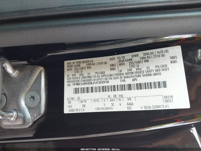 45171749 :رقم المزاد ، 1FMCU0HD8JUC03510 vin ، 2018 Ford Escape Sel مزاد بيع