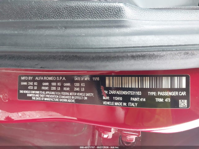 Aukcja sprzedaży 2017 Alfa Romeo Giulia Ti Awd, vin: ZARFAEEN5H7531163, numer aukcji: 45171757