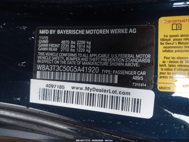 Aukcja sprzedaży 2016 Bmw 435i, vin: WBA3T3C50G5A41920, numer aukcji: 45171774