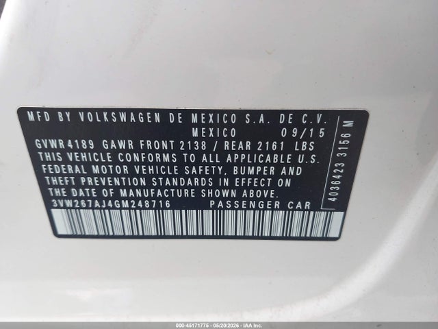 2016 Volkswagen Jetta 1.4t S მანქანა იყიდება აუქციონზე, vin: 3VW267AJ4GM248716, აუქციონის ნომერი: 45171775