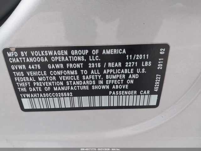 Aukcja sprzedaży 2012 Volkswagen Passat 2.5l S, vin: 1VWAH7A30CC025592, numer aukcji: 45171778