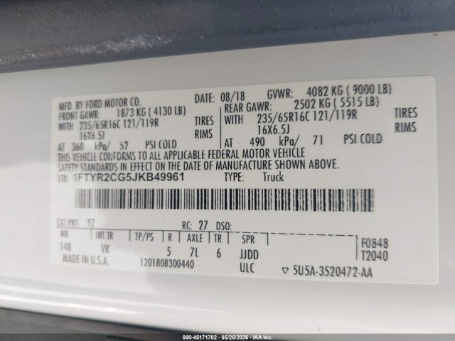 Aukcja sprzedaży 2018 Ford Transit-250, vin: 1FTYR2CG5JKB49961, numer aukcji: 45171782
