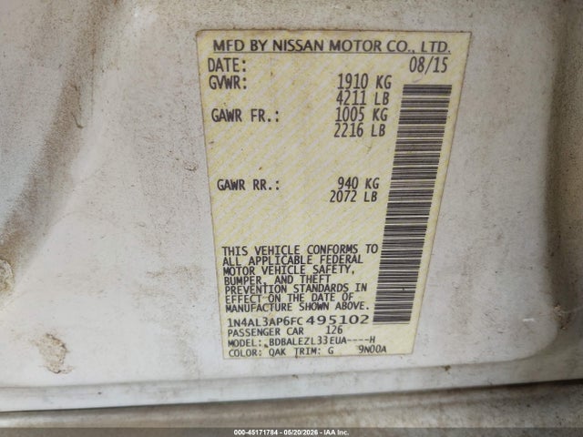 45171784 :رقم المزاد ، 1N4AL3AP6FC495102 vin ، 2015 Nissan Altima 2.5/2.5 S/2.5 Sl/2.5 Sv مزاد بيع