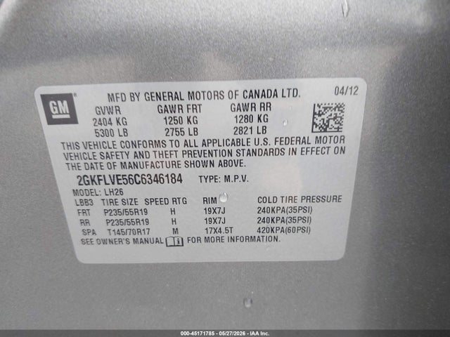 2012 Gmc Terrain Slt-1 მანქანა იყიდება აუქციონზე, vin: 2GKFLVE56C6346184, აუქციონის ნომერი: 45171785