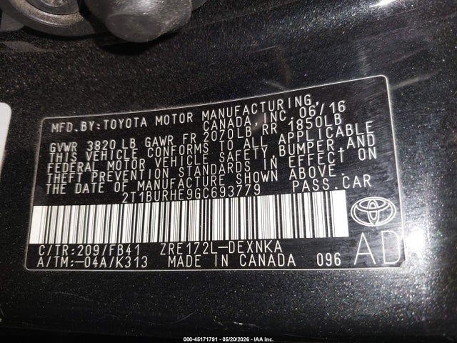 45171791 :رقم المزاد ، 2T1BURHE9GC693779 vin ، 2016 Toyota Corolla Le مزاد بيع
