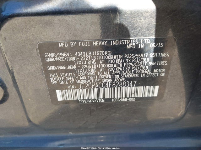 2015 Subaru Xv Crosstrek 2.0i Premium მანქანა იყიდება აუქციონზე, vin: JF2GPACC4F8288347, აუქციონის ნომერი: 45171808