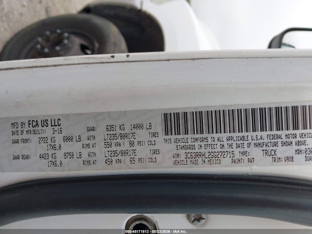 45171812 :رقم المزاد ، 3C63RRHL2GG272715 vin ، 2016 Ram 3500 Slt مزاد بيع