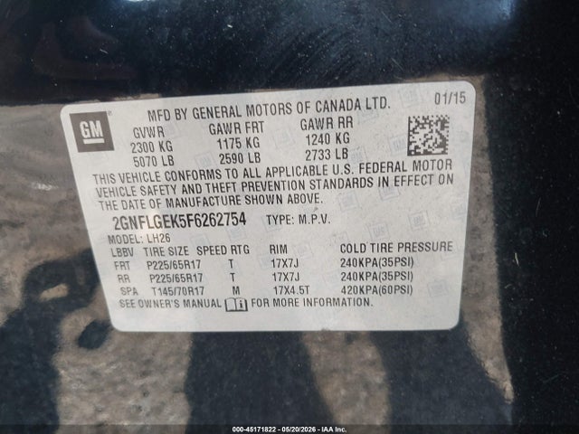 45171822 :رقم المزاد ، 2GNFLGEK5F6262754 vin ، 2015 Chevrolet Equinox 2lt مزاد بيع