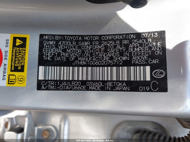 45171826 :رقم المزاد ، JTHBK1GG6D2075712 vin ، 2013 Lexus Es 350 مزاد بيع