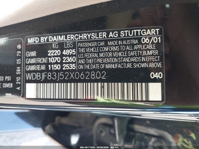 45171835 :رقم المزاد ، WDBJF83J52X062802 vin ، 2002 Mercedes-benz E 430 4m/4m Special Edition مزاد بيع