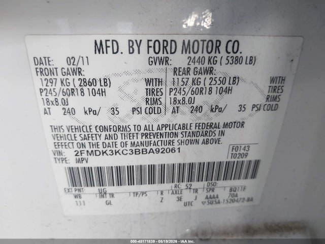 45171839 :رقم المزاد ، 2FMDK3KC3BBA92061 vin ، 2011 Ford Edge Limited مزاد بيع