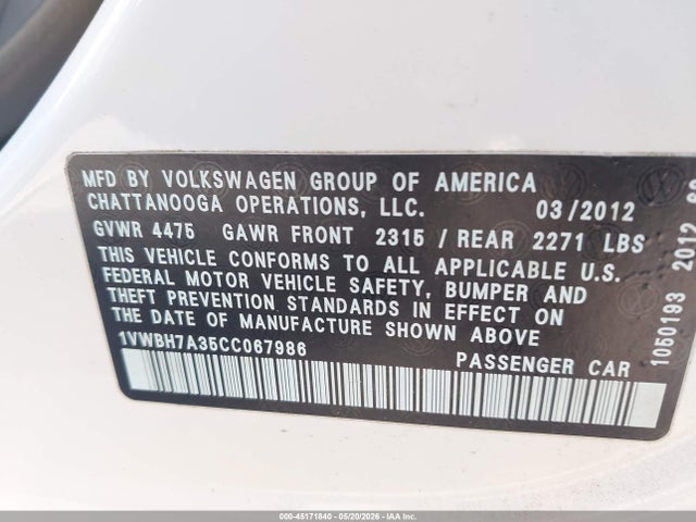 45171840 :رقم المزاد ، 1VWBH7A35CC067986 vin ، 2012 Volkswagen Passat 2.5l Se مزاد بيع