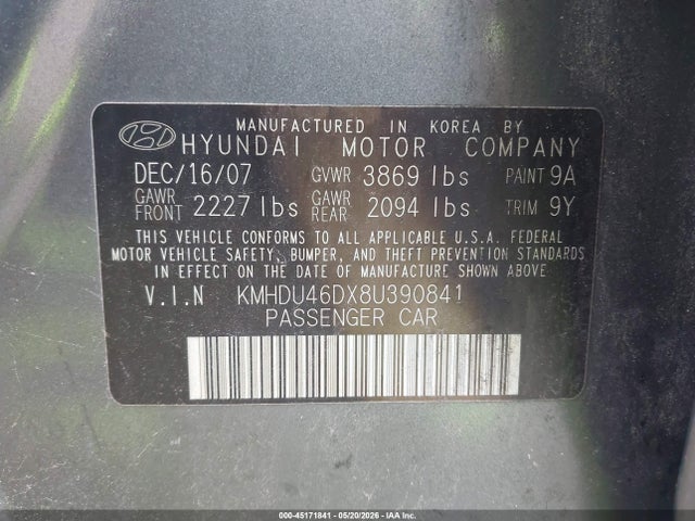 2008 Hyundai Elantra Gls/se მანქანა იყიდება აუქციონზე, vin: KMHDU46DX8U390841, აუქციონის ნომერი: 45171841