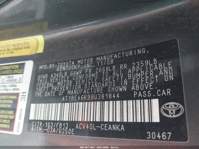 45171851 :رقم المزاد ، 4T1BE46K99U381844 vin ، 2009 Toyota Camry Le مزاد بيع