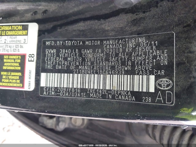 Aukcja sprzedaży 2011 Toyota Corolla Le, vin: 2T1BU4EE1BC646939, numer aukcji: 45171859
