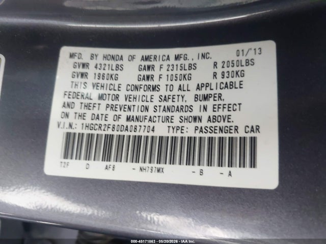 Aukcja sprzedaży 2013 Honda Accord Ex-l, vin: 1HGCR2F80DA087704, numer aukcji: 45171863