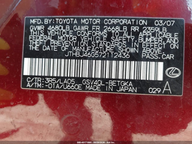 Продажа на аукционе авто 2007 Lexus Es 350, vin: JTHBJ46G572112436, номер лота: 45171865
