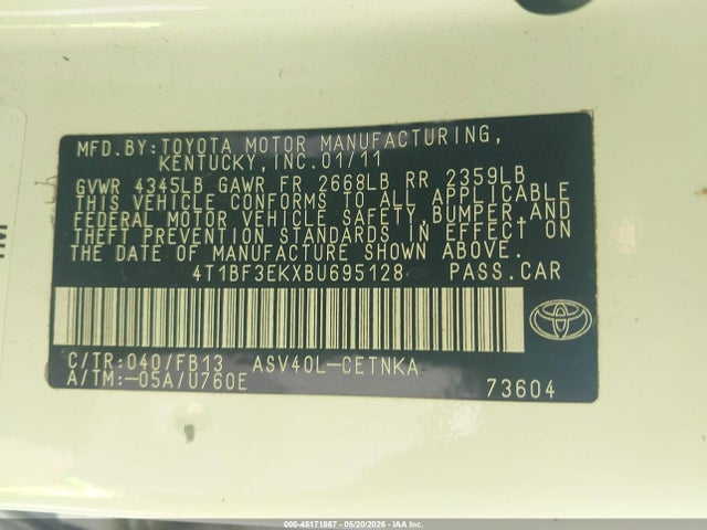 45171867 :رقم المزاد ، 4T1BF3EKXBU695128 vin ، 2011 Toyota Camry Le مزاد بيع