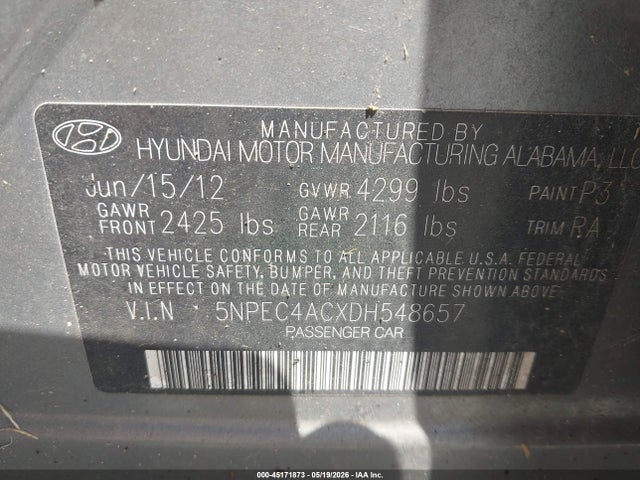2013 Hyundai Sonata Limited მანქანა იყიდება აუქციონზე, vin: 5NPEC4ACXDH548657, აუქციონის ნომერი: 45171873