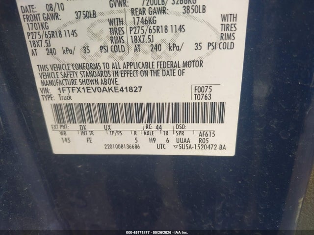 Продажа на аукционе авто 2010 Ford F-150 Fx4/lariat/xl/xlt, vin: 1FTFX1EV0AKE41827, номер лота: 45171877