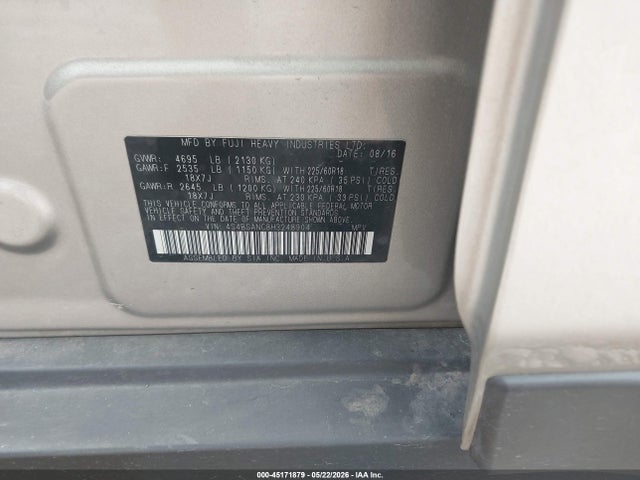 45171879 :رقم المزاد ، 4S4BSANC8H3248904 vin ، 2017 Subaru Outback 2.5i Limited مزاد بيع