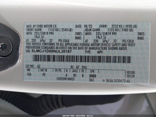 Продаж на аукціоні авто 2022 Lincoln Corsair Standard, vin: 5LMCJ1D90NUL30187, номер лоту: 45171886