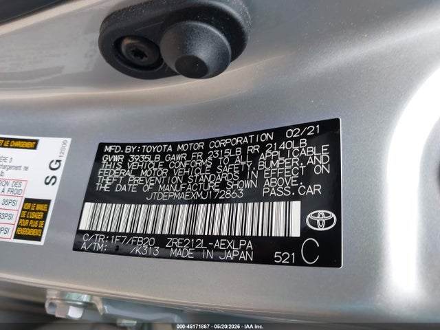 Aukcja sprzedaży 2021 Toyota Corolla Le, vin: JTDEPMAEXMJ172863, numer aukcji: 45171887