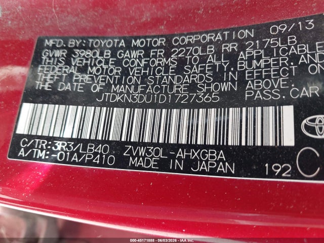 Aukcja sprzedaży 2013 Toyota Prius Four, vin: JTDKN3DU1D1727365, numer aukcji: 45171888