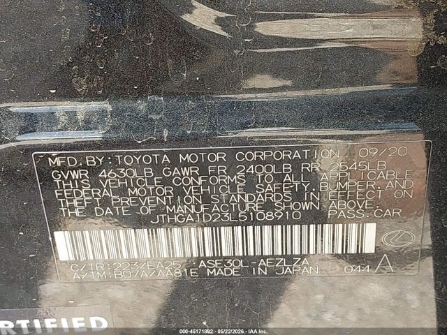 45171892 :رقم المزاد ، JTHGA1D23L5108910 vin ، 2020 Lexus Is 300 مزاد بيع