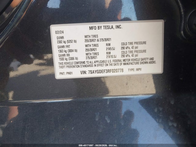 Продажа на аукционе авто 2024 Tesla Model Y Performance Dual Motor All-wheel Drive, vin: 7SAYGDEF3RF020778, номер лота: 45171897