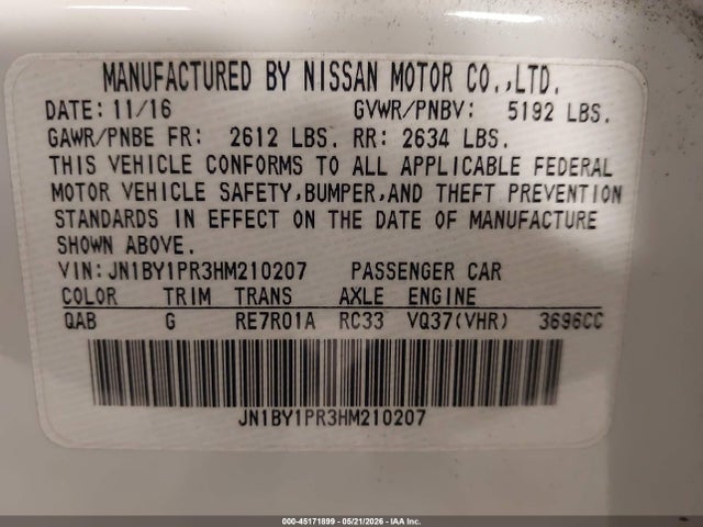 Продажа на аукционе авто 2017 Infiniti Q70l 3.7x, vin: JN1BY1PR3HM210207, номер лота: 45171899