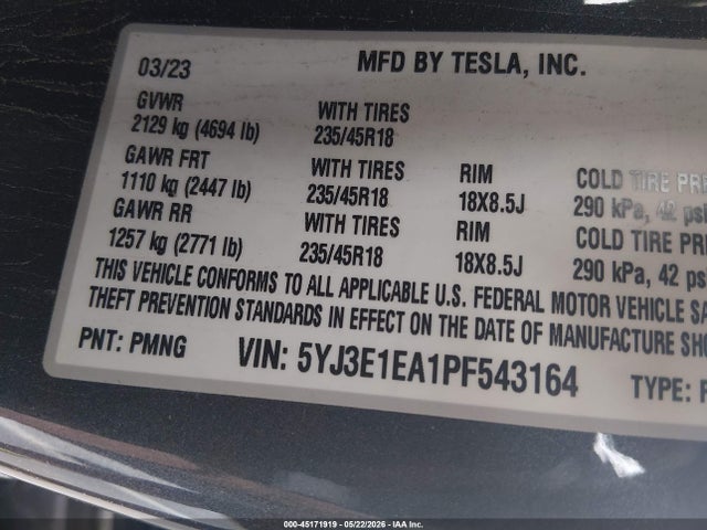 Aukcja sprzedaży 2023 Tesla Model 3 Rear-wheel Drive, vin: 5YJ3E1EA1PF543164, numer aukcji: 45171919