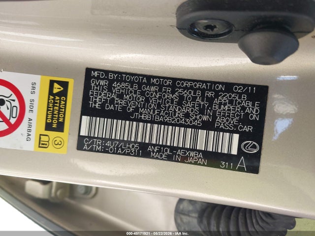 Auction sale of the 2011 Lexus Hs 250h Premium, vin: JTHBB1BA9B2043045, lot number: 45171921