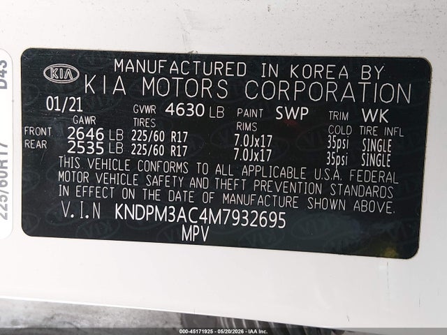 Продаж на аукціоні авто 2021 Kia Sportage Lx, vin: KNDPM3AC4M7932695, номер лоту: 45171925