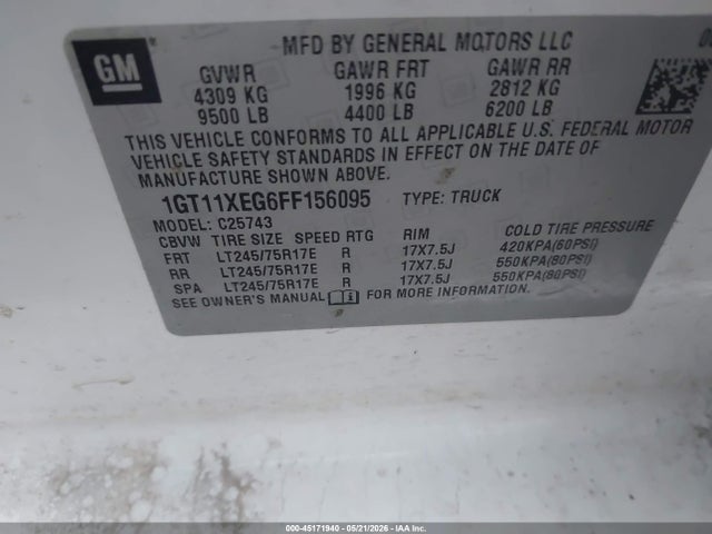 Auction sale of the 2015 Gmc Sierra 2500hd, vin: 1GT11XEG6FF156095, lot number: 45171940