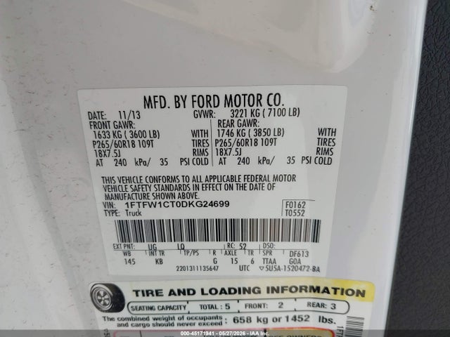 45171941 :رقم المزاد ، 1FTFW1CT0DKG24699 vin ، 2013 Ford F-150 King Ranch مزاد بيع