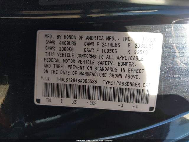 Aukcja sprzedaży 2008 Honda Accord 2.4 Ex-l, vin: 1HGCS12818A005585, numer aukcji: 45171942